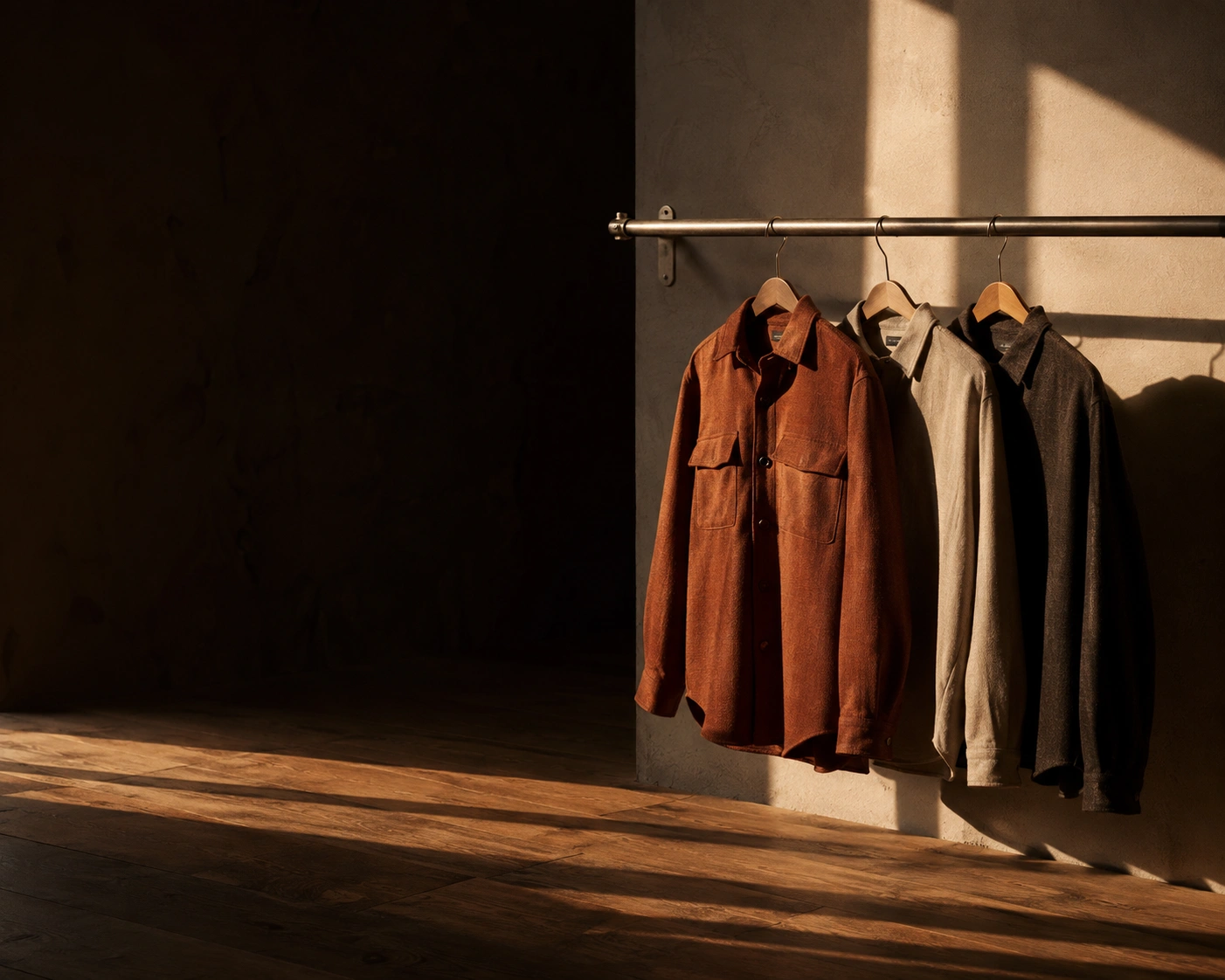 Autumn/Winter pieces hanging on a brushed steel rail, lit by raking afternoon light