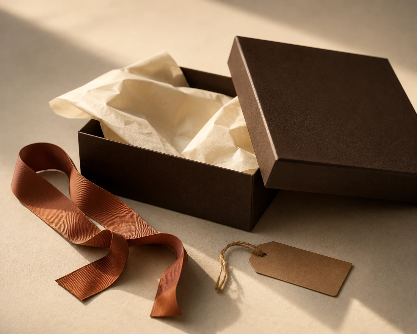 Lumen packaging: deep brown rigid box with cream tissue, terracotta grosgrain ribbon and a kraft swing tag