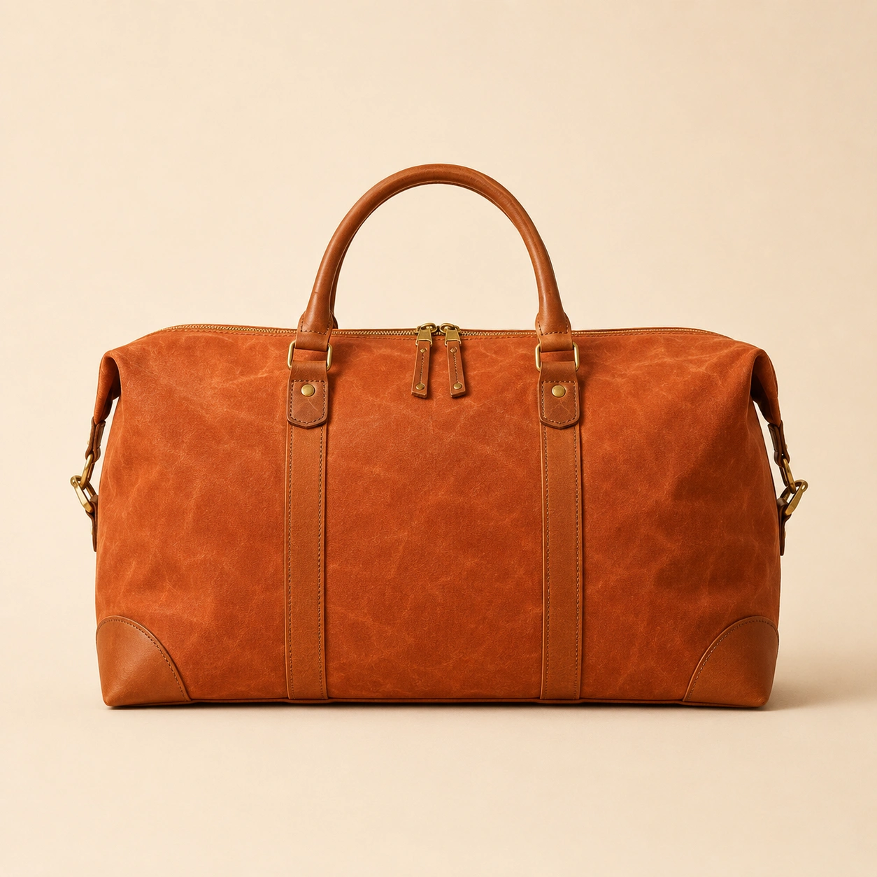 Terracotta waxed canvas weekender bag with tan leather handles and brass hardware