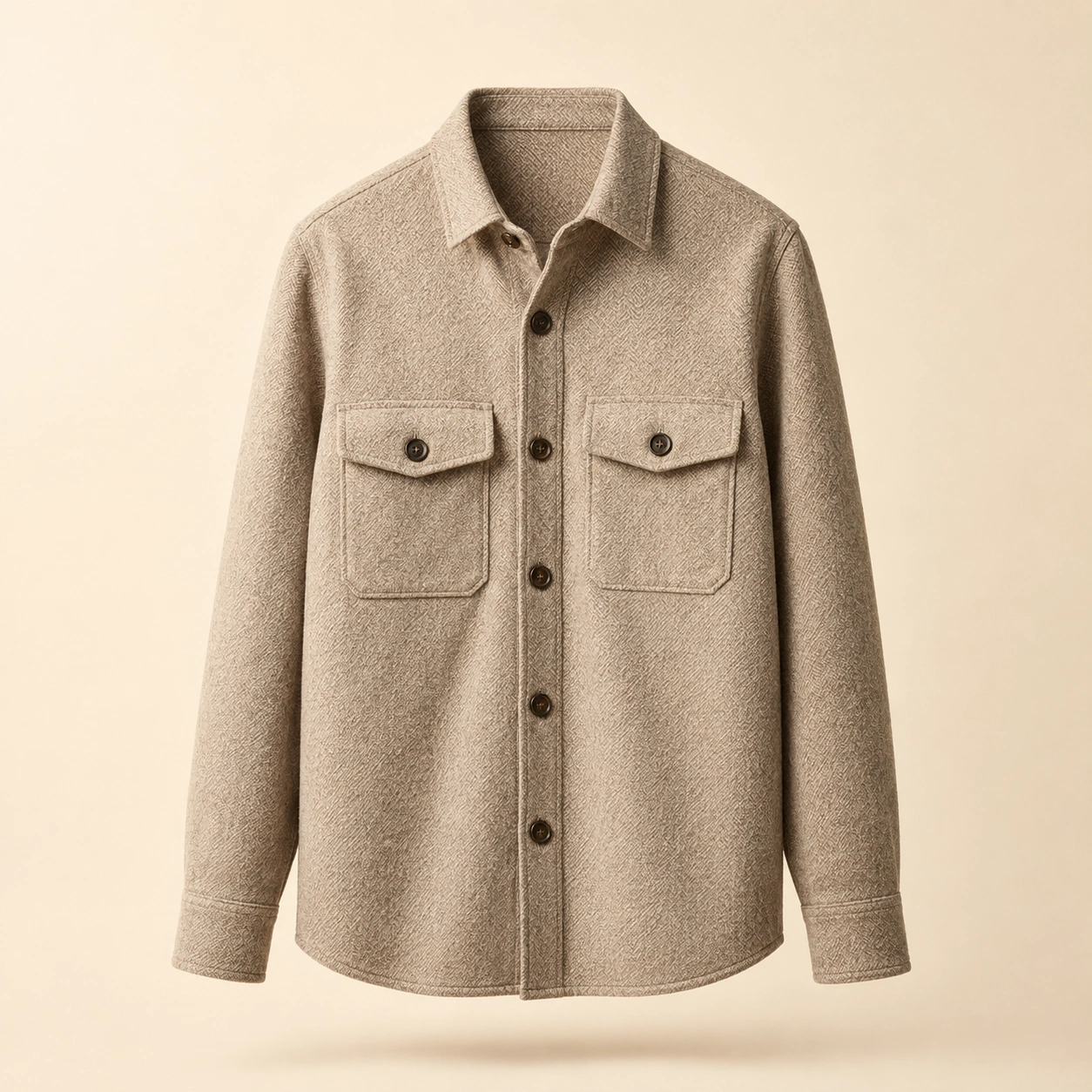Oatmeal wool overshirt with patch pockets and horn buttons
