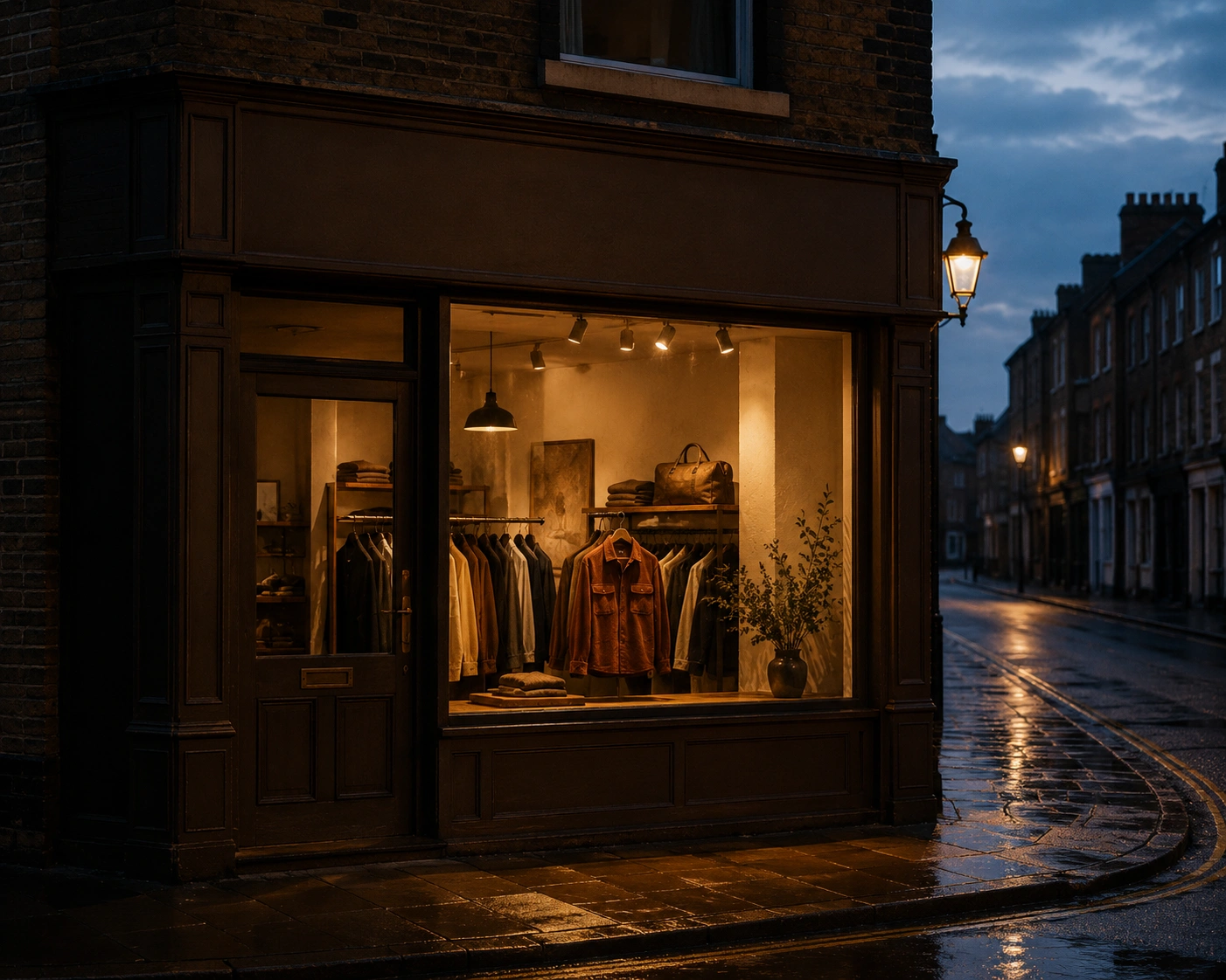 Lumen shopfront at dusk, warm interior light on a wet street, the terracotta overshirt in the window