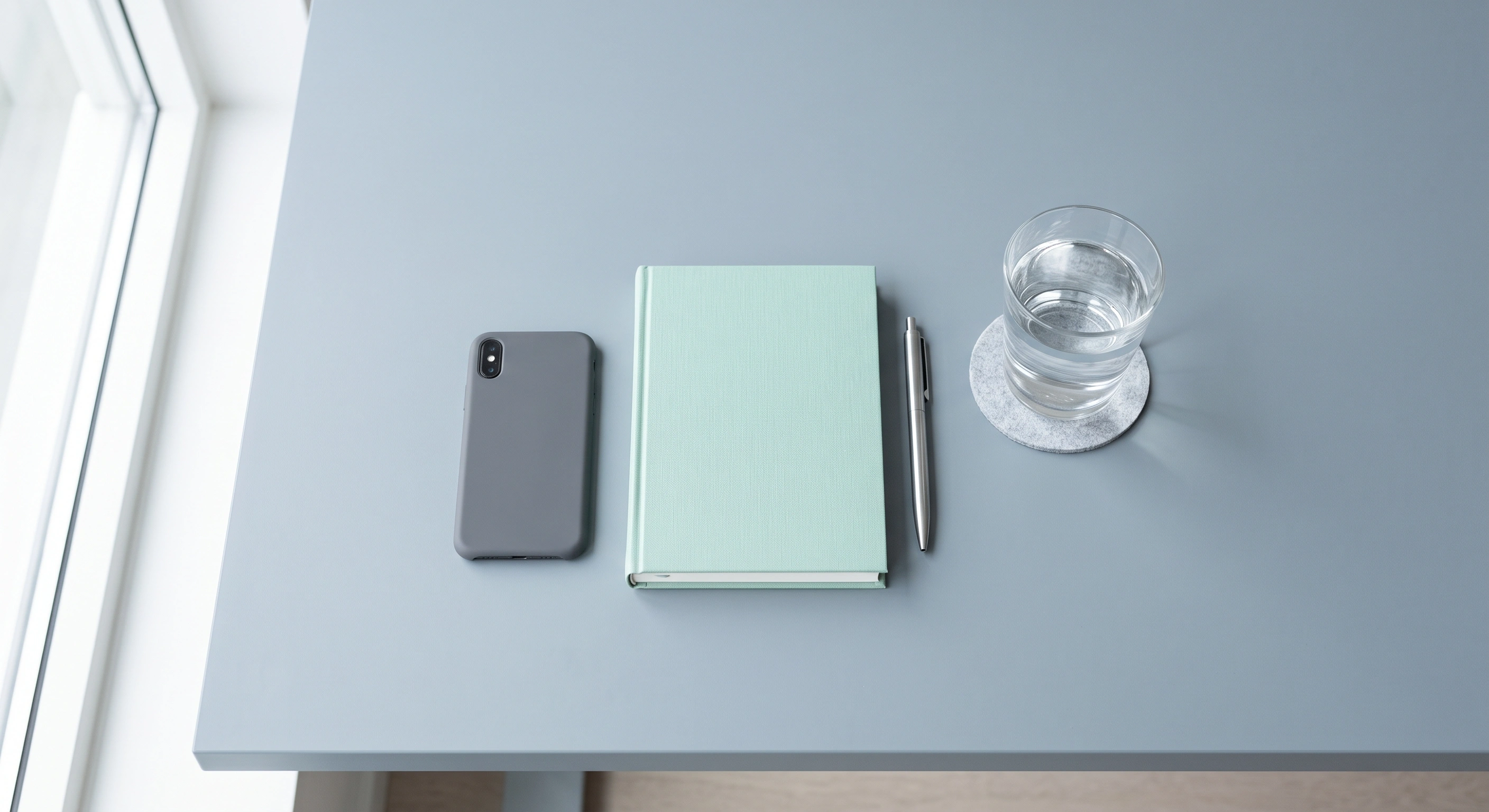 A phone lying face-down on a pale slate desk beside a notebook, pen and glass of water