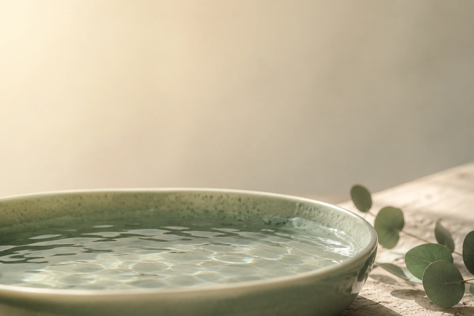 Still water in a shallow sage ceramic bowl, morning light