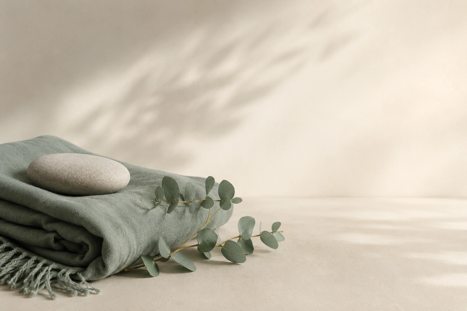A folded sage linen throw, a smooth pale stone and a eucalyptus sprig in soft morning light