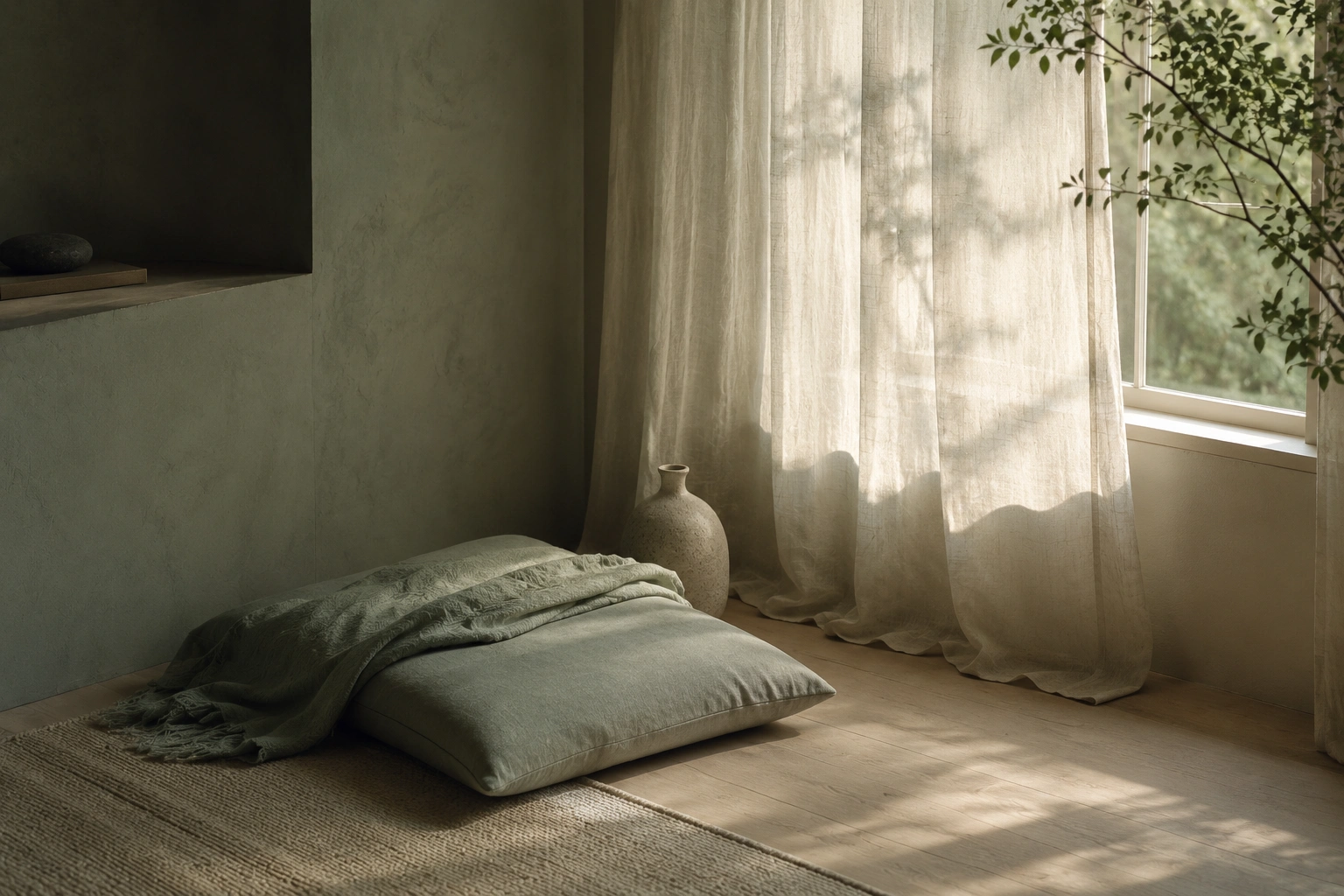 A quiet corner at dawn: a low cushion on a wooden floor beside a curtained window