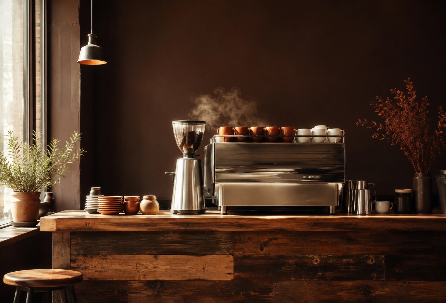 The Verve bar: reclaimed timber counter, espresso machine, terracotta cups warming on top