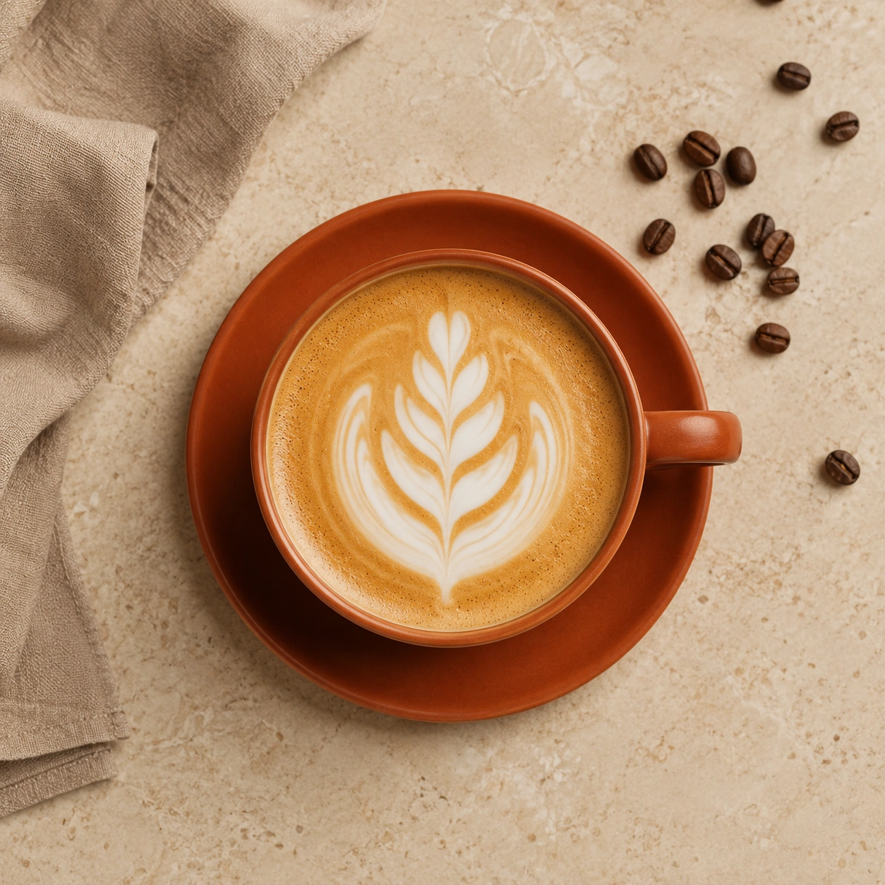 Flat white in a terracotta cup, shot from overhead