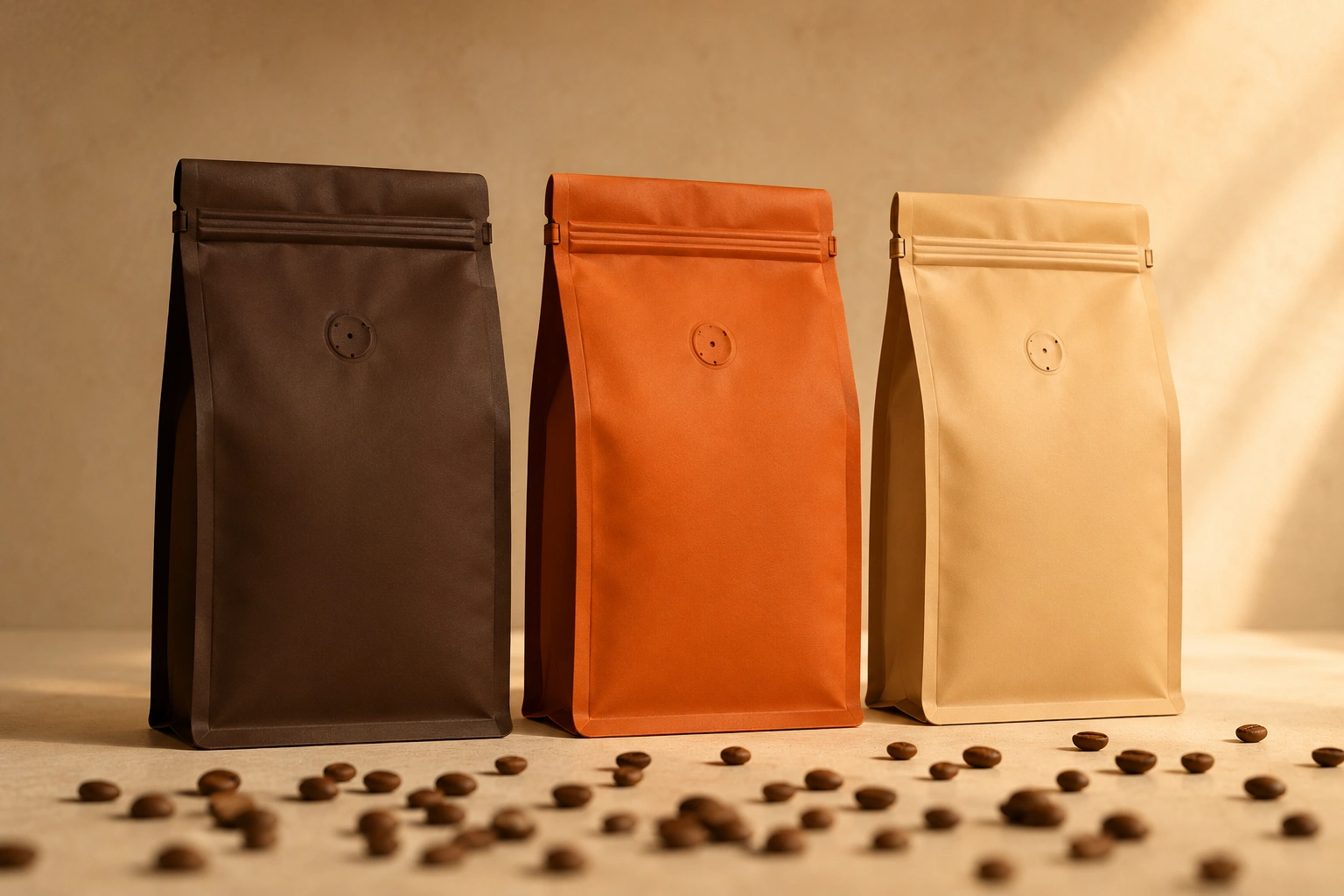 The three roast levels side by side: dark espresso, burnt orange and pale crema flat-bottom bags