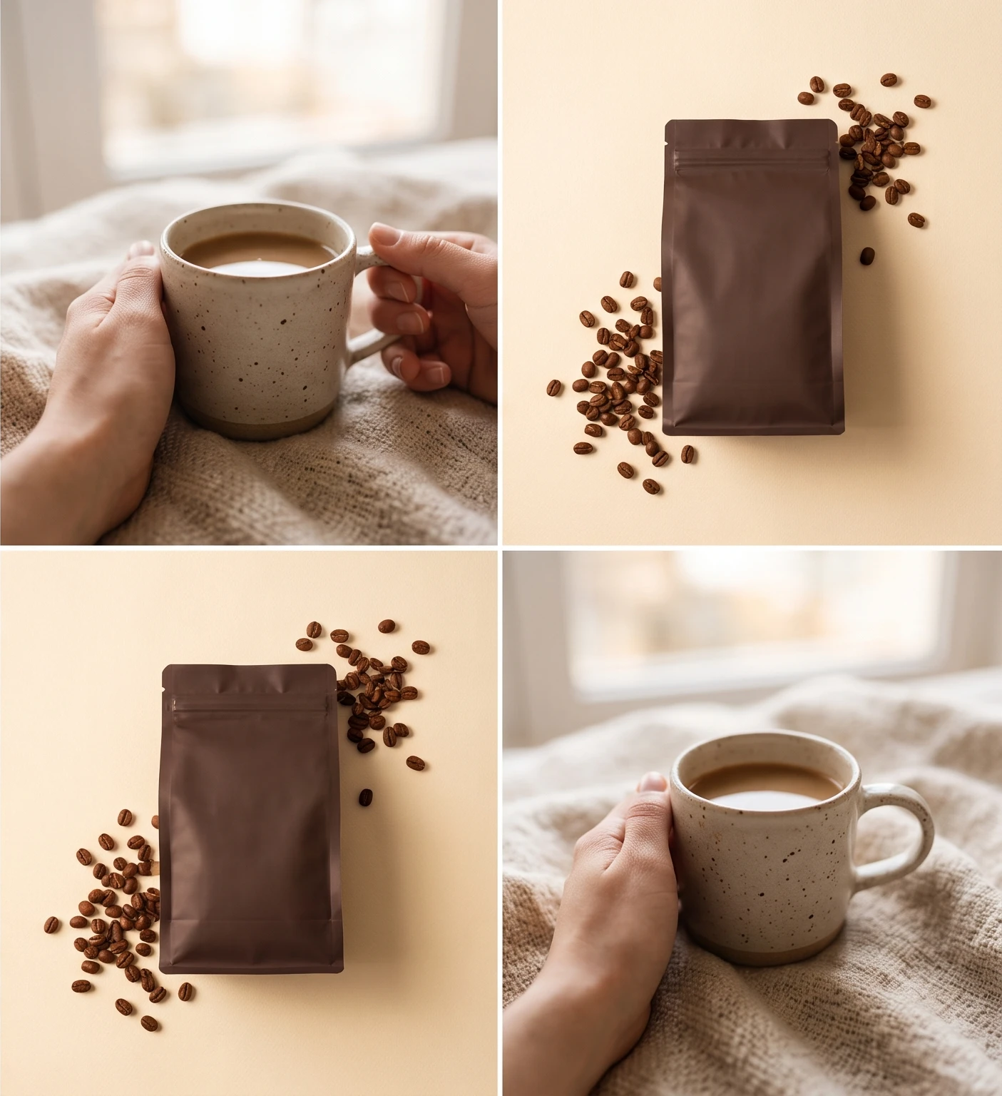 Bag photographed flat on paper with scattered beans