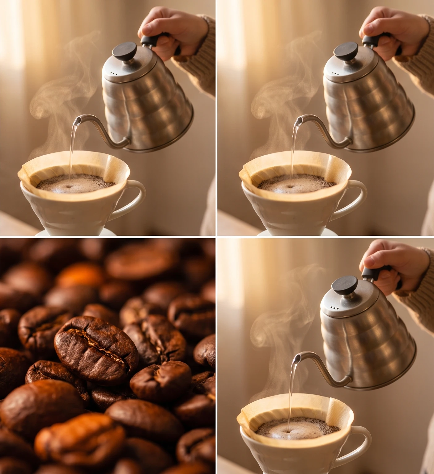 Pouring from a gooseneck kettle over a filter cone, steam rising in morning light